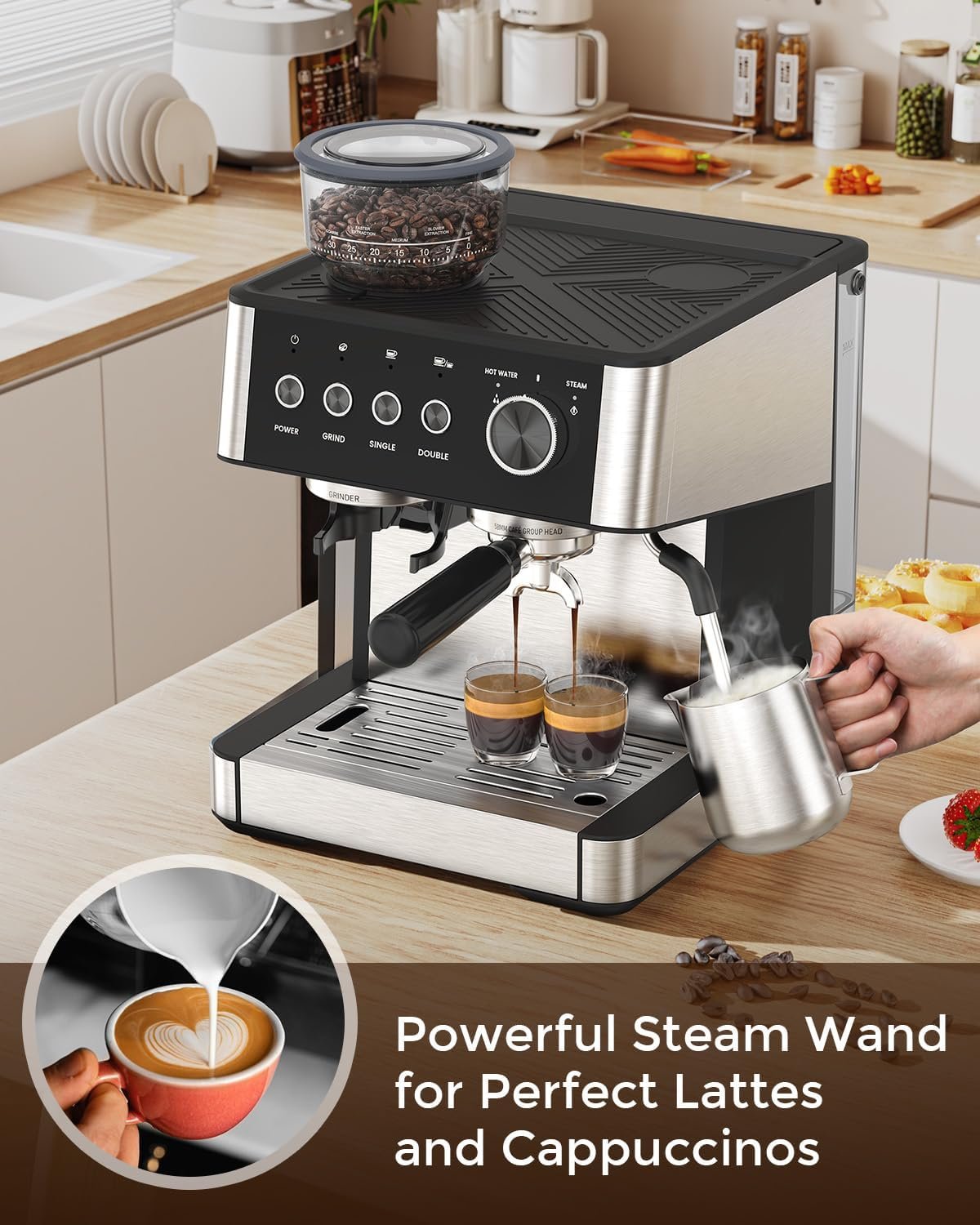 Espresso Machine with Grinder, 20 Bar Expresso Coffee Machines with Milk Frother Steam Wand, Professional Espresso Maker with Removable Water Tank, Cappuccino & Latte Machine for Home - Image 7