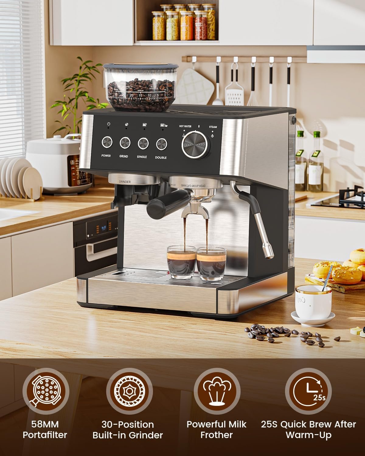Espresso Machine with Grinder, 20 Bar Expresso Coffee Machines with Milk Frother Steam Wand, Professional Espresso Maker with Removable Water Tank, Cappuccino & Latte Machine for Home - Image 4