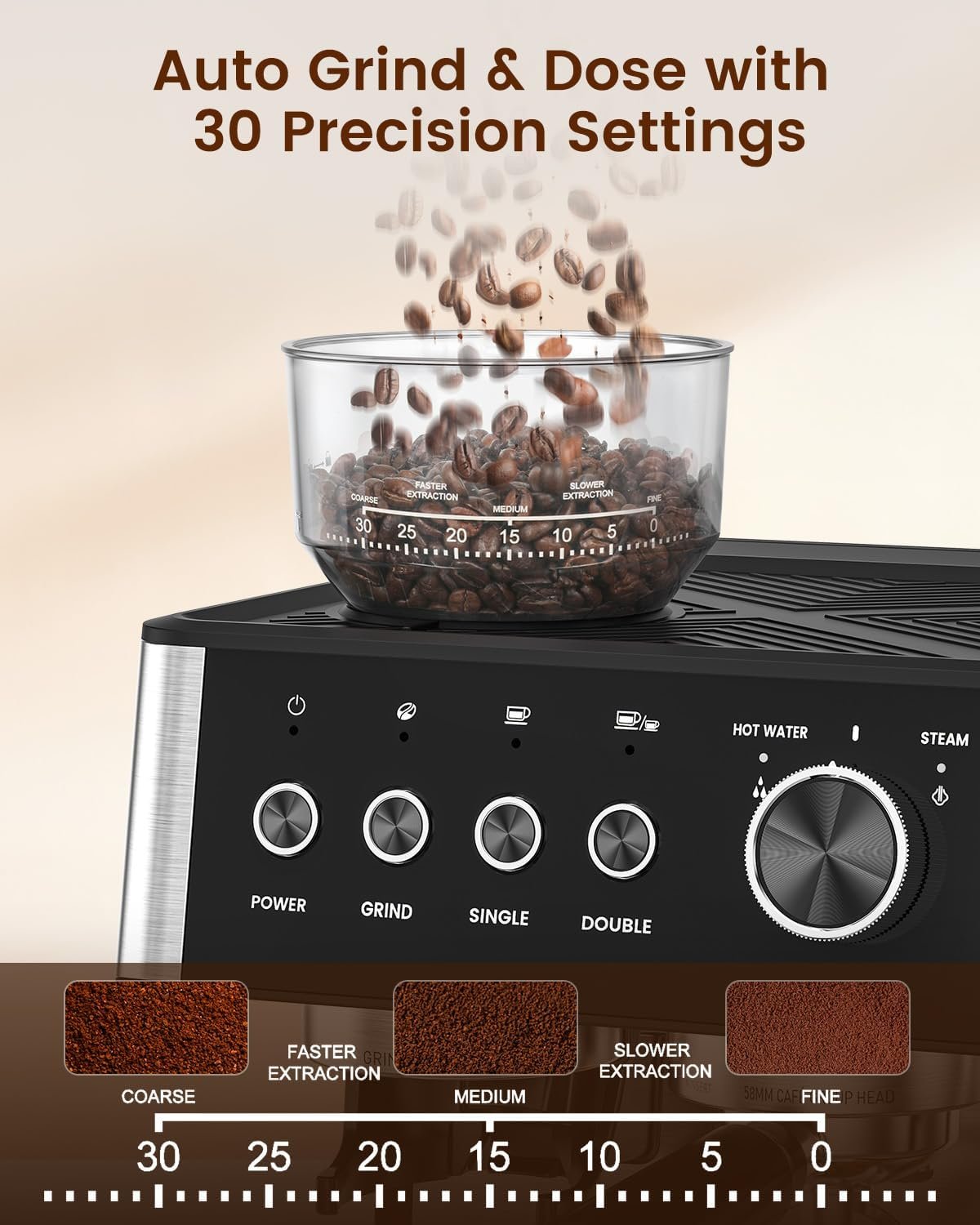 Espresso Machine with Grinder, 20 Bar Expresso Coffee Machines with Milk Frother Steam Wand, Professional Espresso Maker with Removable Water Tank, Cappuccino & Latte Machine for Home - Image 5
