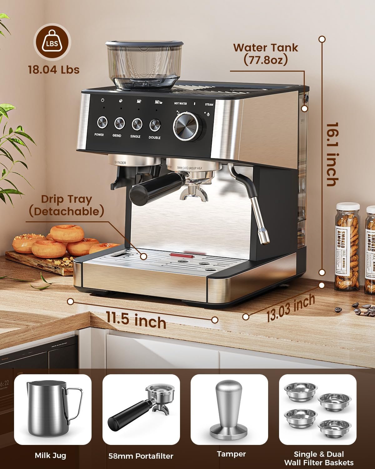 Espresso Machine with Grinder, 20 Bar Expresso Coffee Machines with Milk Frother Steam Wand, Professional Espresso Maker with Removable Water Tank, Cappuccino & Latte Machine for Home - Image 8