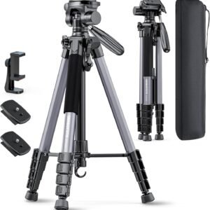 74″-Camera-Tripod, Professional Aluminum Tripod/Leg Stand Mirrorless Camera/DSLR/Cell Phone/Camcorder/GoPro, with Phone Holder and Travel Bag (Gunmetal Gray) Weight 2.8 lbs Load 8.8 lbs