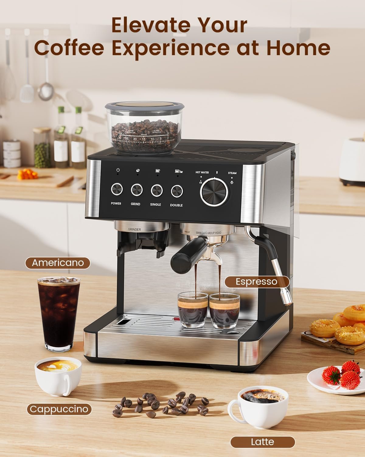 Espresso Machine with Grinder, 20 Bar Expresso Coffee Machines with Milk Frother Steam Wand, Professional Espresso Maker with Removable Water Tank, Cappuccino & Latte Machine for Home - Image 3