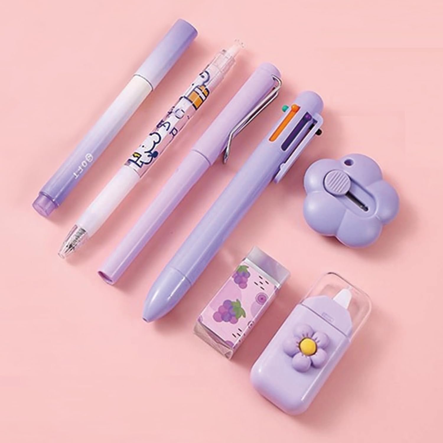 7 Pcs Cute Purple Stationery Set Kawaii School Supplies Office Supplies Including Ballpoint Pens Pencil Sharpener Highlighter Correction Tape Ruler Utility Knife (Purple) - Image 4