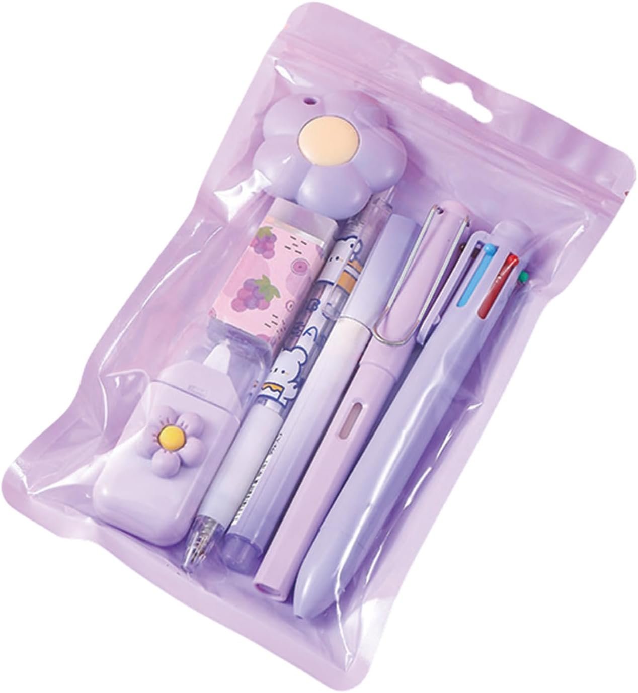 7 Pcs Cute Purple Stationery Set Kawaii School Supplies Office Supplies Including Ballpoint Pens Pencil Sharpener Highlighter Correction Tape Ruler Utility Knife (Purple) - Image 2