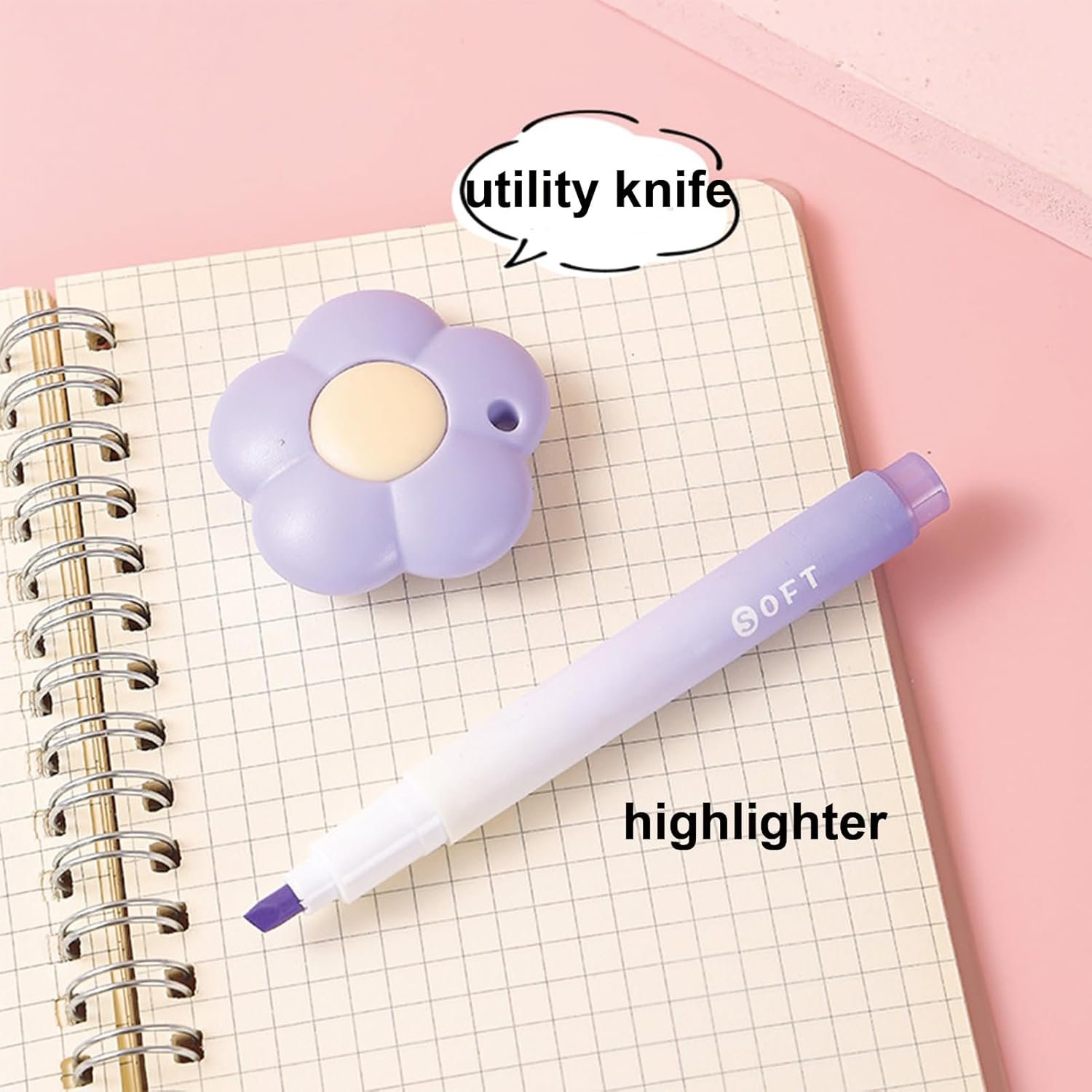7 Pcs Cute Purple Stationery Set Kawaii School Supplies Office Supplies Including Ballpoint Pens Pencil Sharpener Highlighter Correction Tape Ruler Utility Knife (Purple) - Image 7