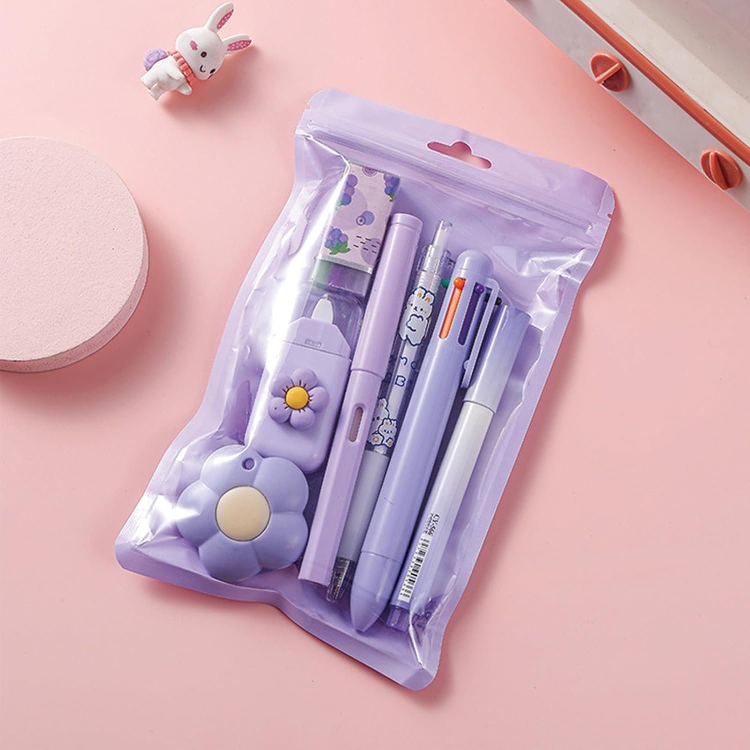 7 Pcs Cute Purple Stationery Set Kawaii School Supplies Office Supplies Including Ballpoint Pens Pencil Sharpener Highlighter Correction Tape Ruler Utility Knife (Purple) - Image 3