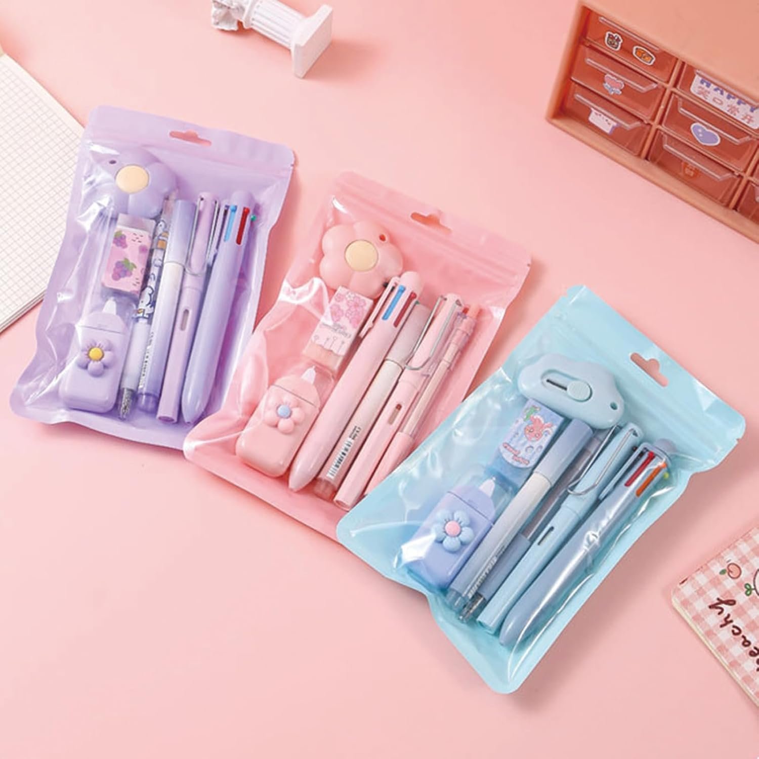 7 Pcs Cute Purple Stationery Set Kawaii School Supplies Office Supplies Including Ballpoint Pens Pencil Sharpener Highlighter Correction Tape Ruler Utility Knife (Purple) - Image 8
