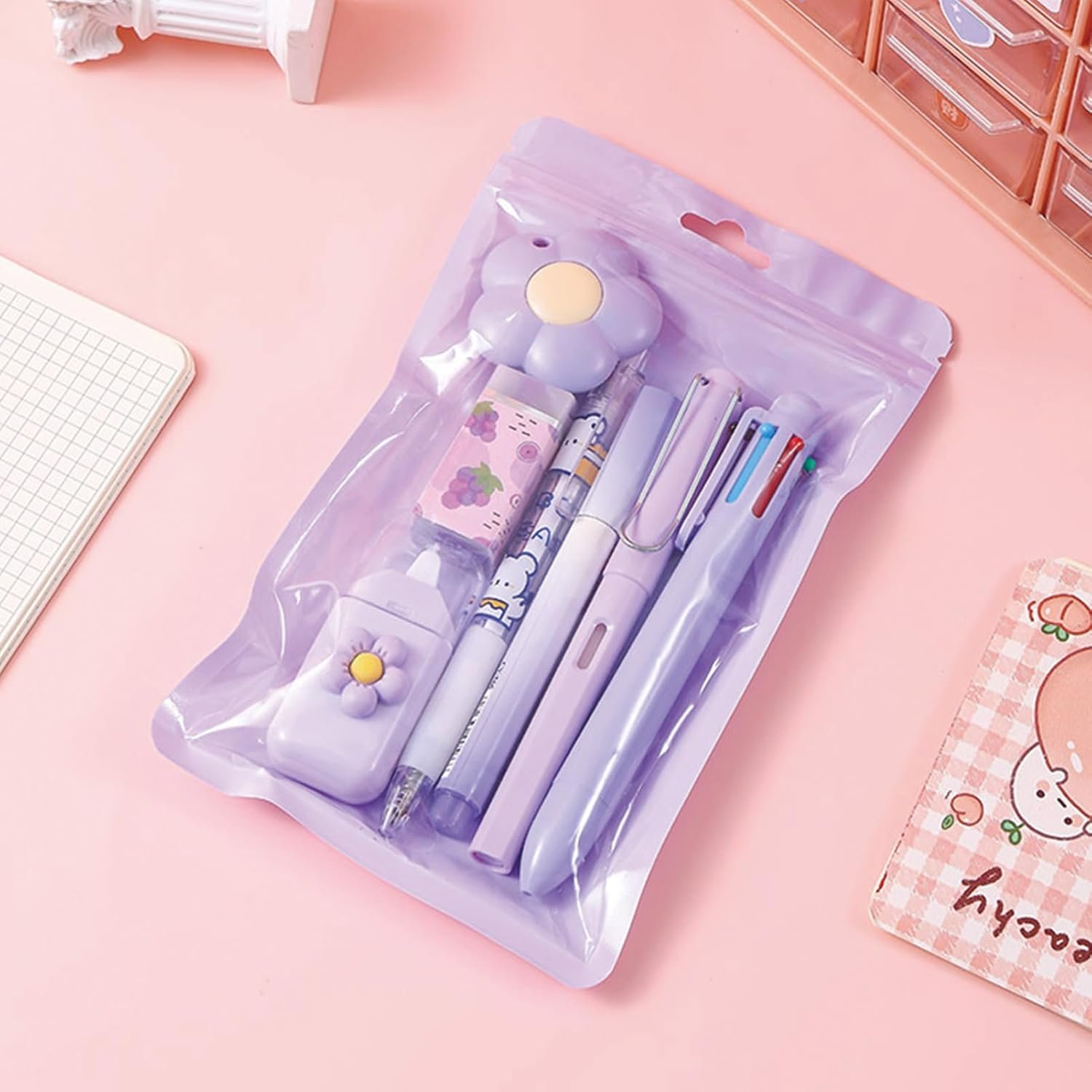 7 Pcs Cute Purple Stationery Set Kawaii School Supplies Office Supplies Including Ballpoint Pens Pencil Sharpener Highlighter Correction Tape Ruler Utility Knife (Purple) - Image 5