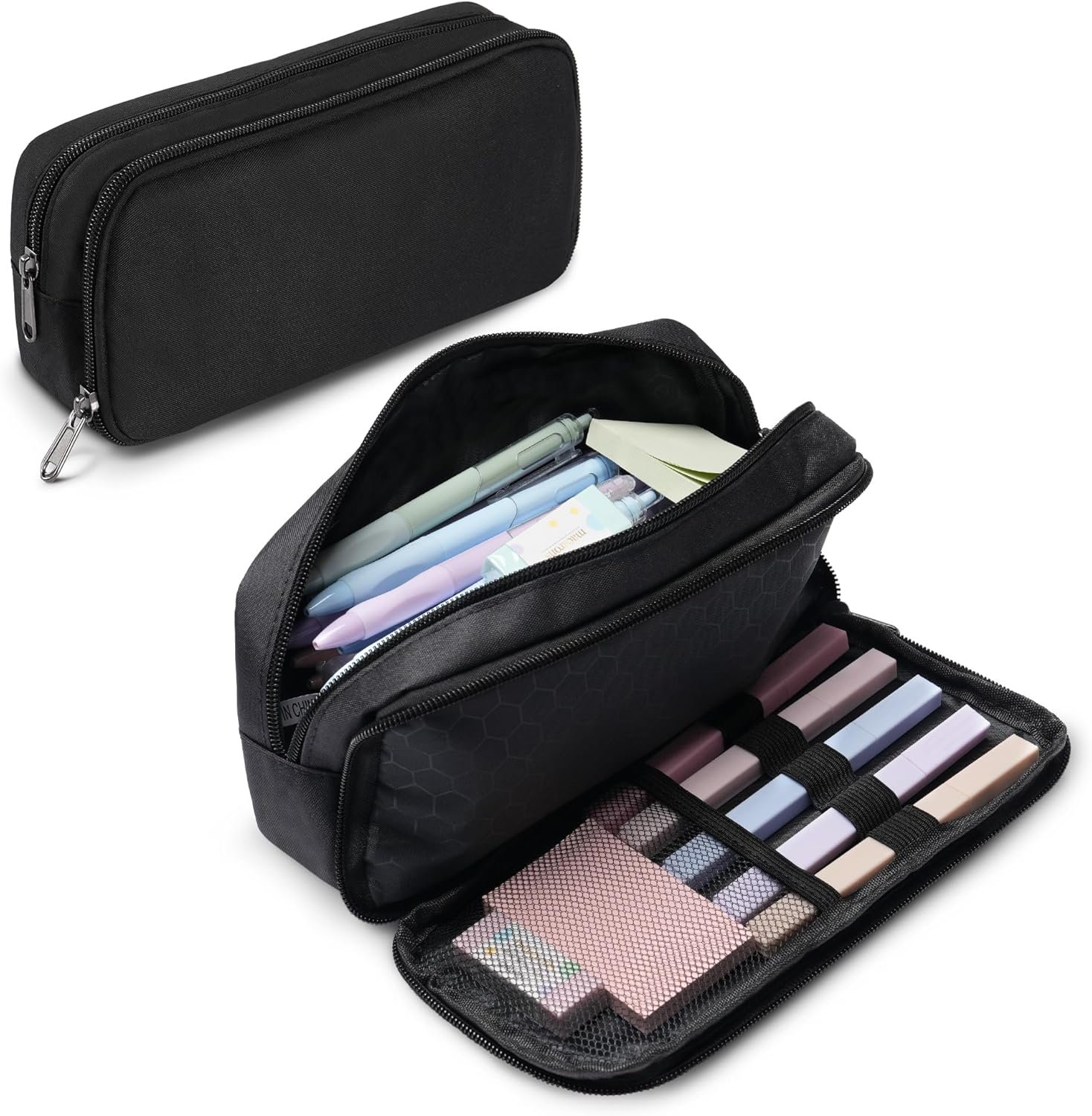 Large Capacity Pencil Case, 2 Compartment Pencil Pouch for Boys, Oxford Cloth Pen Bag for Teens|Girls, Back to School Supplies (Black) - Image 2