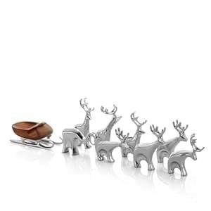 Nambe Miniature Figurine Set – 9-Piece Miniature Reindeer Figurines with Wooden Sleigh – Modern Holiday Figurine Set Alloy Christmas Home Decor, Ideal for Table, Mantel, Shelves