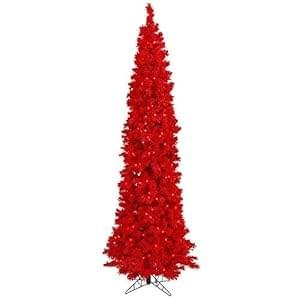 Vickerman 7.5′ Flocked Red Pencil Fir Artificial Christmas Tree, Red Dura-lit LED Lights – Snow Covered Faux Tree – Seasonal Home Decor – Maintenance Free