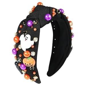 Halloween Pearl Knotted Headbands for Women Girls Beaded Crystal Jeweled Headband Wide Twisted Ghost Spooky Pumpkin Hairband Halloween Fashion Headpiece