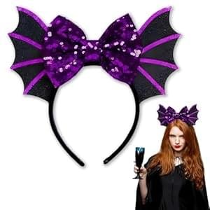 Halloween Headband Party Decorations for Girls, Halloween Hair Accessories Cute Purple Sequined Bow Bat Hair Hoop Hallowen Headbands for Women Girls Makeup Costume Decoration Party Photo Props