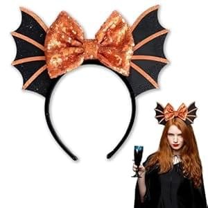 Halloween Headband Party Decorations for Girls, Halloween Hair Accessories Cute Orange Sequined Bow Bat Hair Hoop Hallowen Headbands for Women Girls Makeup Costume Decoration Party Photo Props