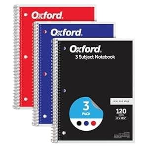 Oxford Spiral Notebook 3 Pack, 3 Subject Journal, 3-Hole Punch, College Ruled Paper, 2 Dividers, 8 x 10-1/2 Inches, Black, Red, Blue, 120 Sheets (65202)