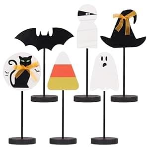 Halloween Decorations, 6PCS Wooden Sign Tabletop Centerpieces Decorations Include Ghost/Bat/Black Cat/Witch Hat, for Home Farmhouse Indoor Party Decor.