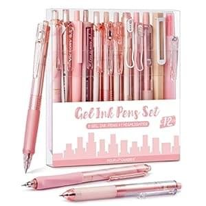 Four Candies Rose Series Gel Pens, Cute Writing Pens with Black & Pink Ink, 0.5 mm Smooth Fine Point, Back to School Office Supplies Girly Stationery Aesthetic Desk Accessories for Women, Set of 12