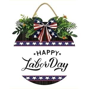 KPSheng Wood Happy Labor Day Sign for Front Door 11In Wood Farmhouse Wreath Porch Decor Outdoor Welcome Signs Outside Door Hanging Decorations