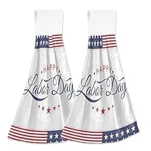 Happy Labor Day Kitchen Hanging Towel 12 x 17 Inch USA Stars Flag Bath Hand Tie Towels Set 2 Pcs Tea Bar Dish Cloths Dry Towel Soft Absorbent Thin Durable for Bathroom Laundry Room Decor