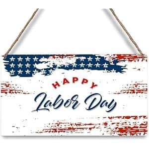Happy Labor Day Wooden Hanging Sign American Flag Wooden Plaque Sign for Men Women Home Office Wall Art Window Decor 12×6 Inch