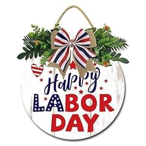 Labor Day Decoration Happy Labor Day Wood Sign Round Wood Hanging Door Decor Labor Day Wood Wreaths Front Door Decorations for Outdoor Farmhouse Porch 12 Inches,24nv02waA53